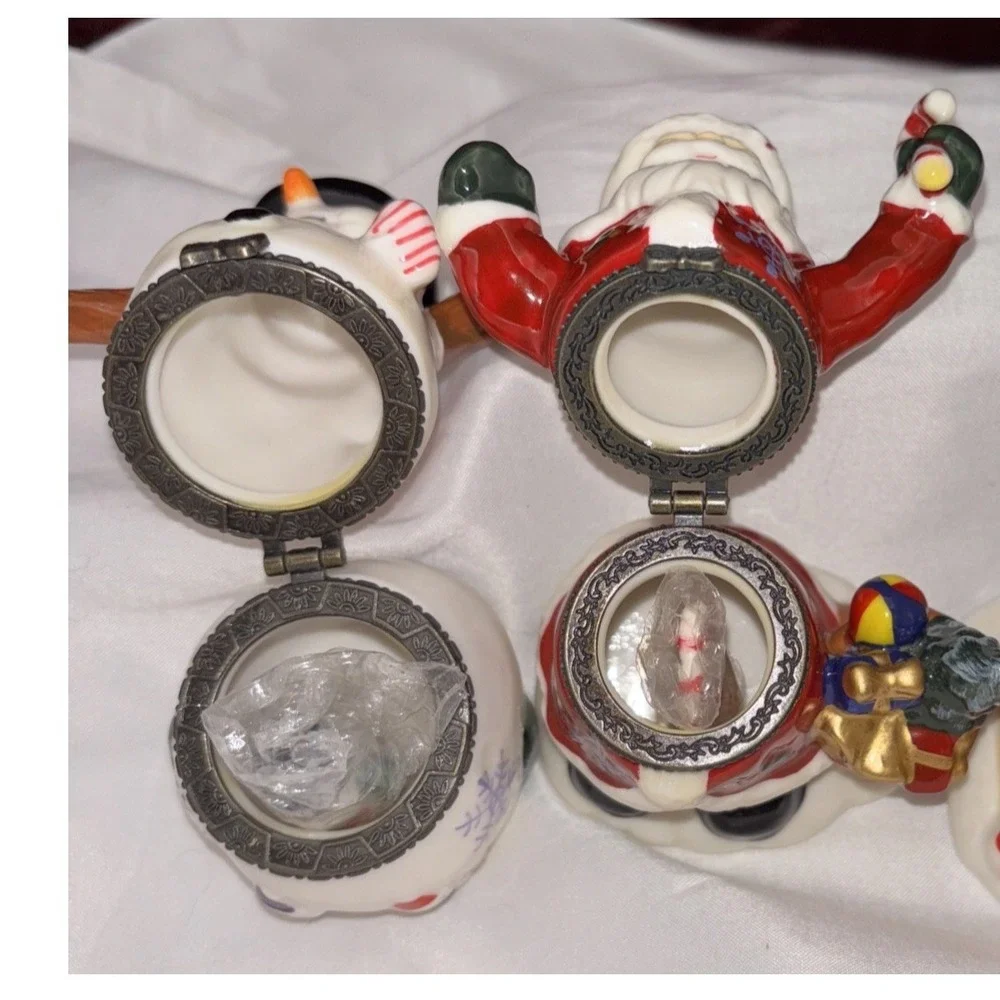 Vtg Christmas Porcelain Hinged Trinket Boxes‎ Santa Snowman W/ Special Gifts 2pc